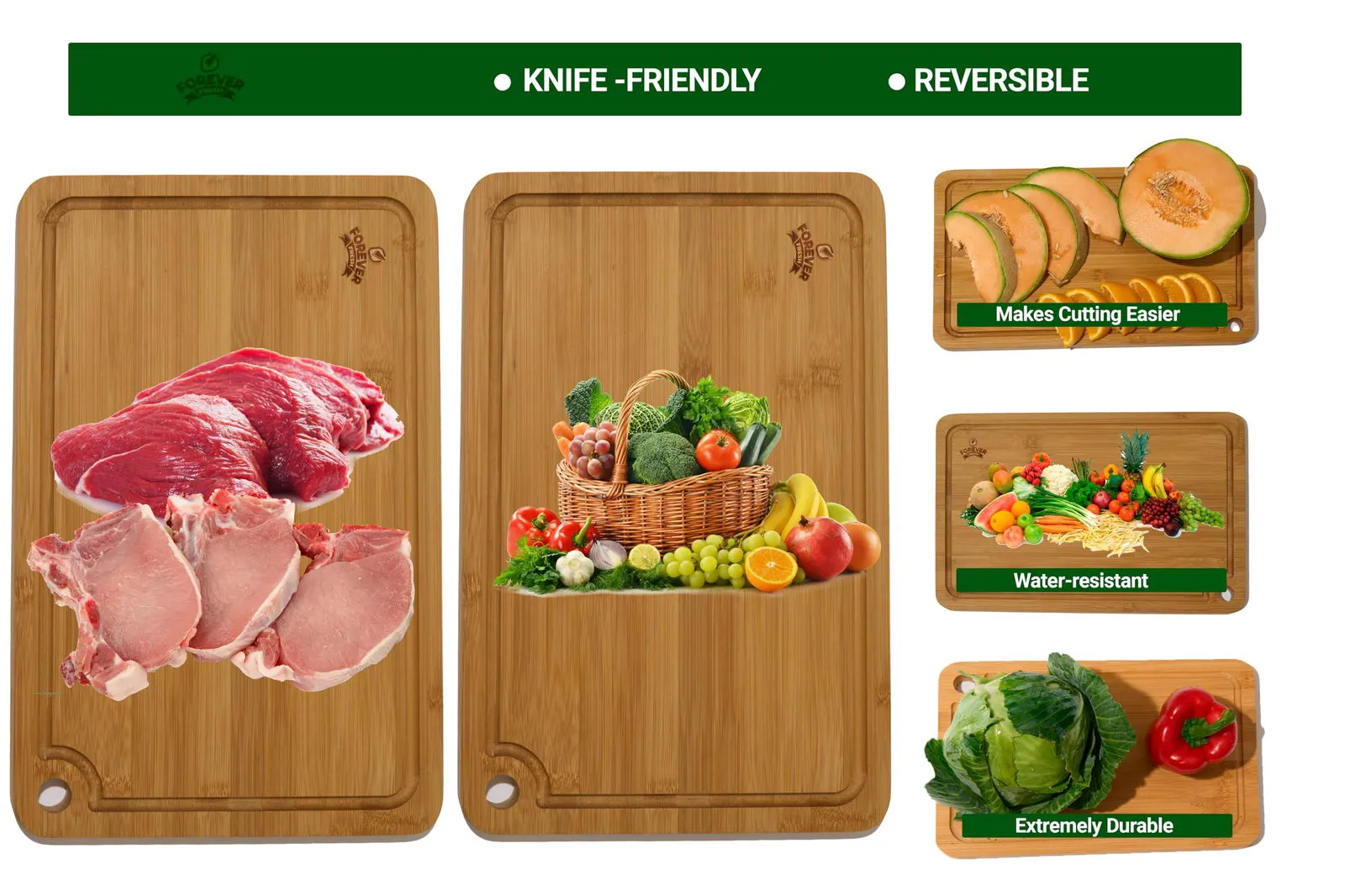 100% Organic Bamboo Cutting Board Set of 3 - Kitchen Chopping Boards, Long Lasting, with Juice Groove for Vegetables, Fruits, Meat, Fish, Large