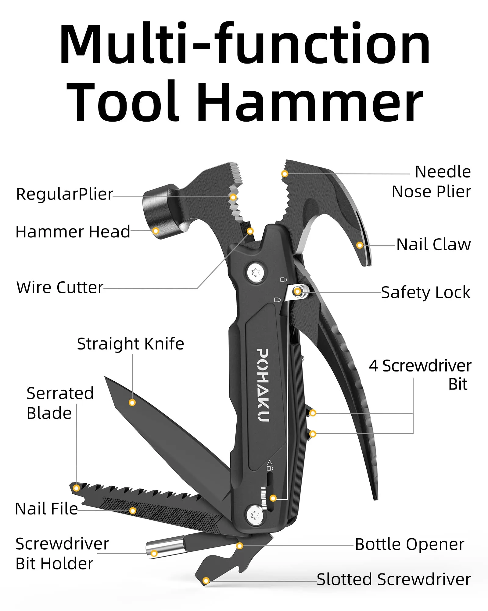 14-in-1 Multitool Hammer, Pohaku Multitool with DIY Stickers, Safety Lock, Screwdriver Bits Set and Durable Nylon Sheath, Multi Tool for Outdoor, Camping, Ideal Gifts for Father, Husband, Boyfriend