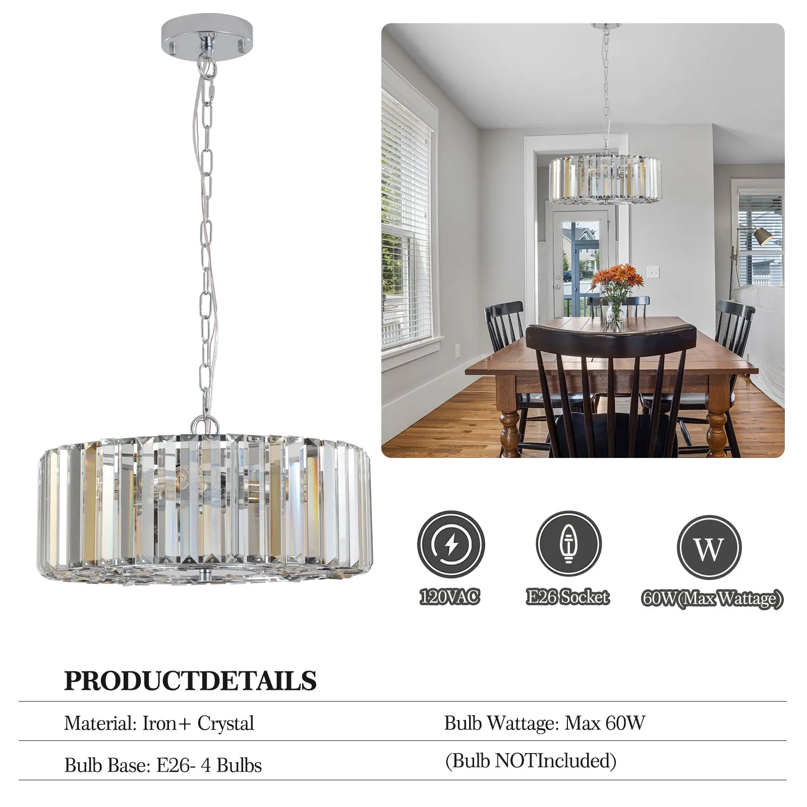 16.5" Modern Transparent Crystal Chandelier Drum-Shaped Crystal Chandelier Luxury Home Decorative Lighting