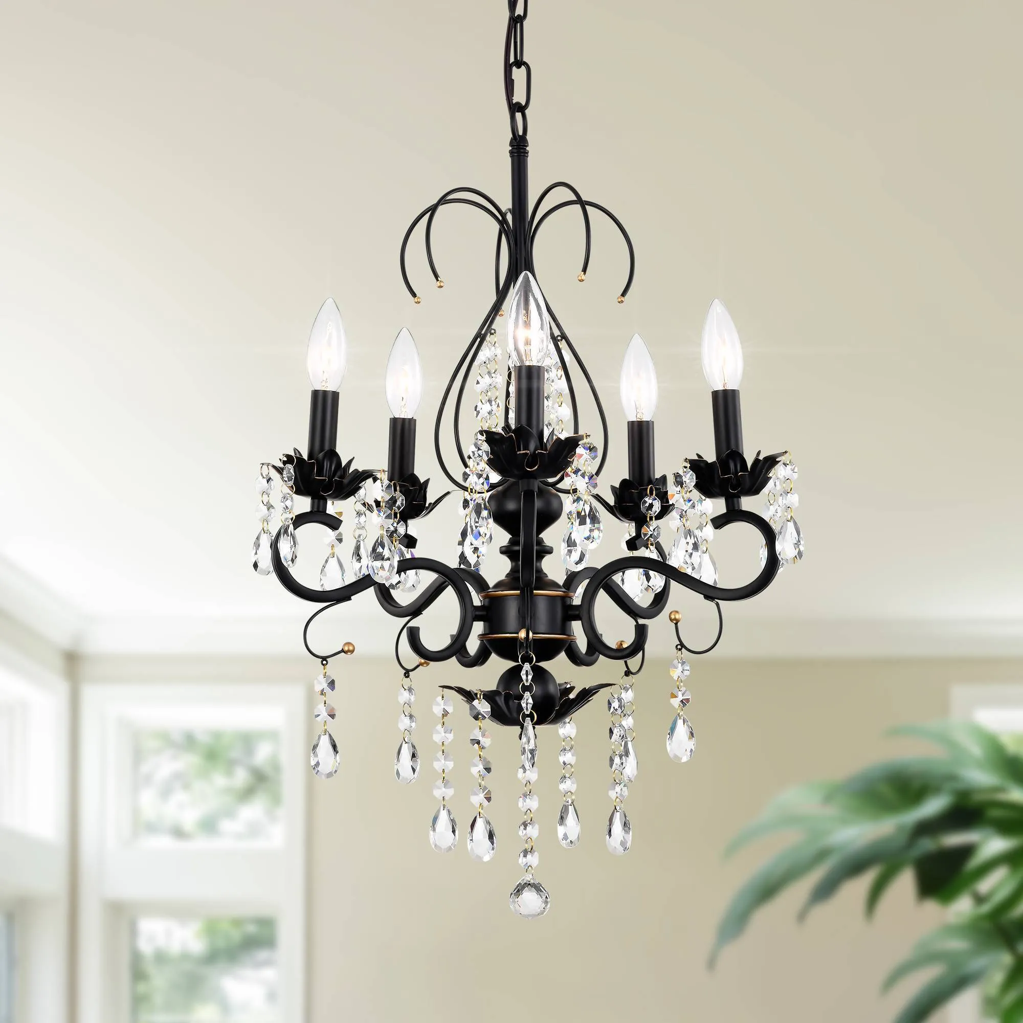 18" Classic Vintage Chandelier, Crystal Chandelier, Matte Black Candle Chandelier