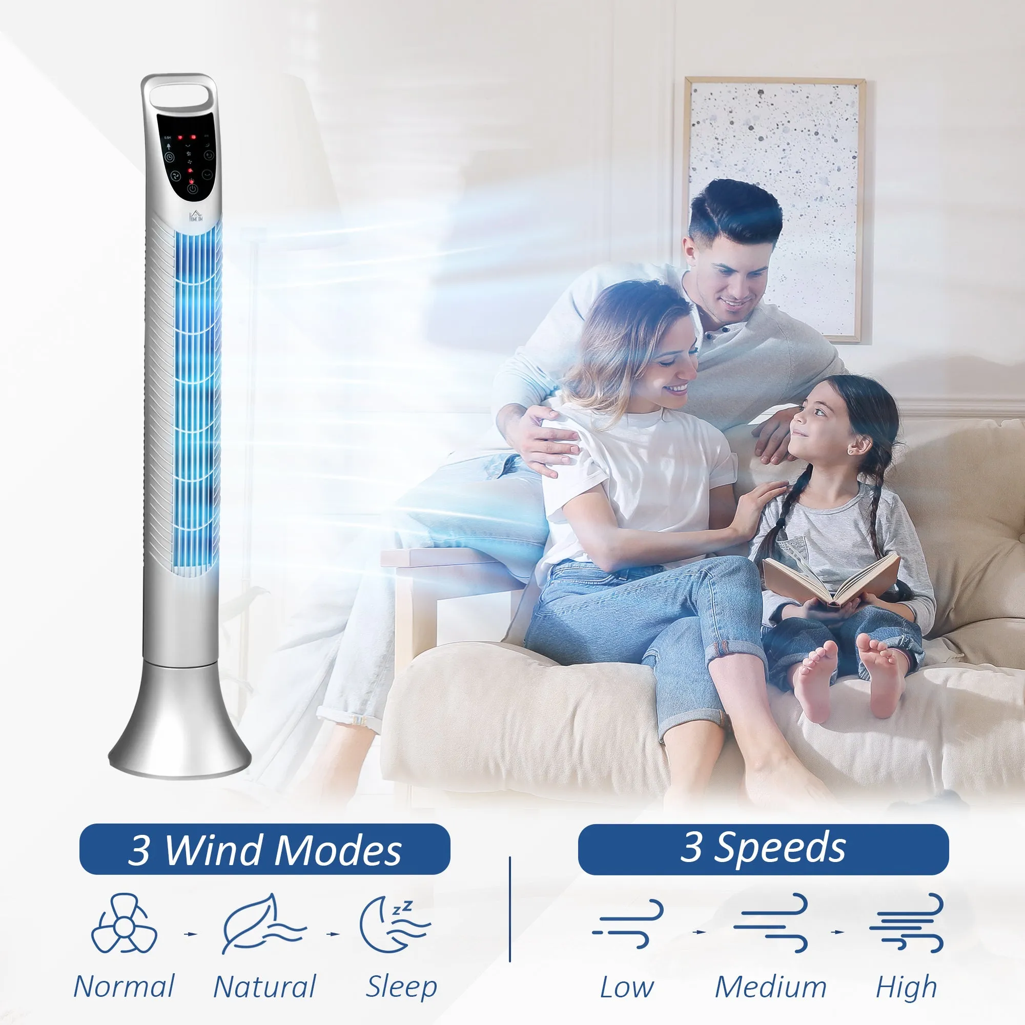 36'' Freestanding Tower Fan, 3 Speed 3 Mode, 7.5h Timer, 70 Degree Oscillation, LED Panel, 5M Remote Controller, Silver