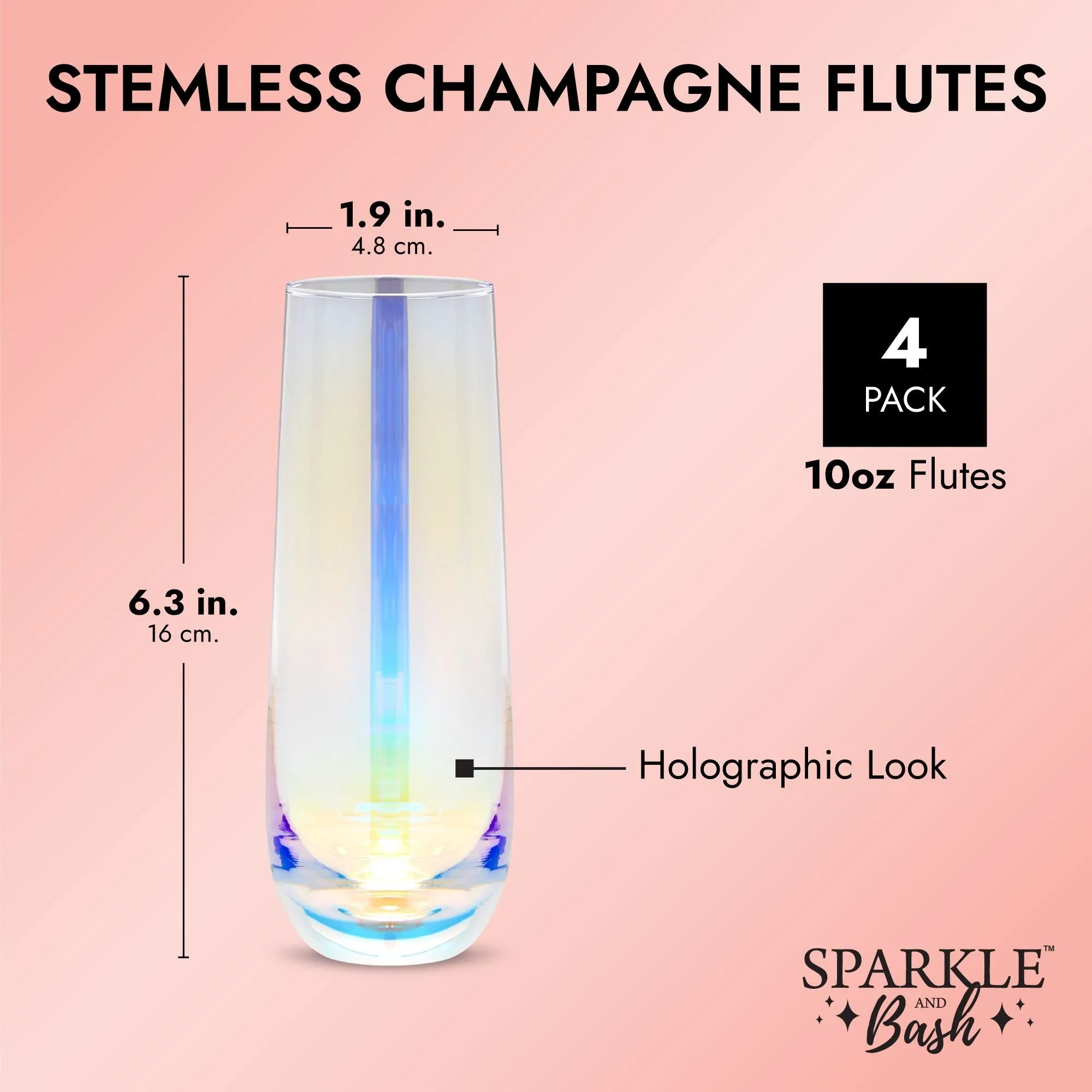 4 Pack Iridescent Champagne Flutes, Stemless Wine Glasses for Cocktails, Mimosas, Bars (10 oz)