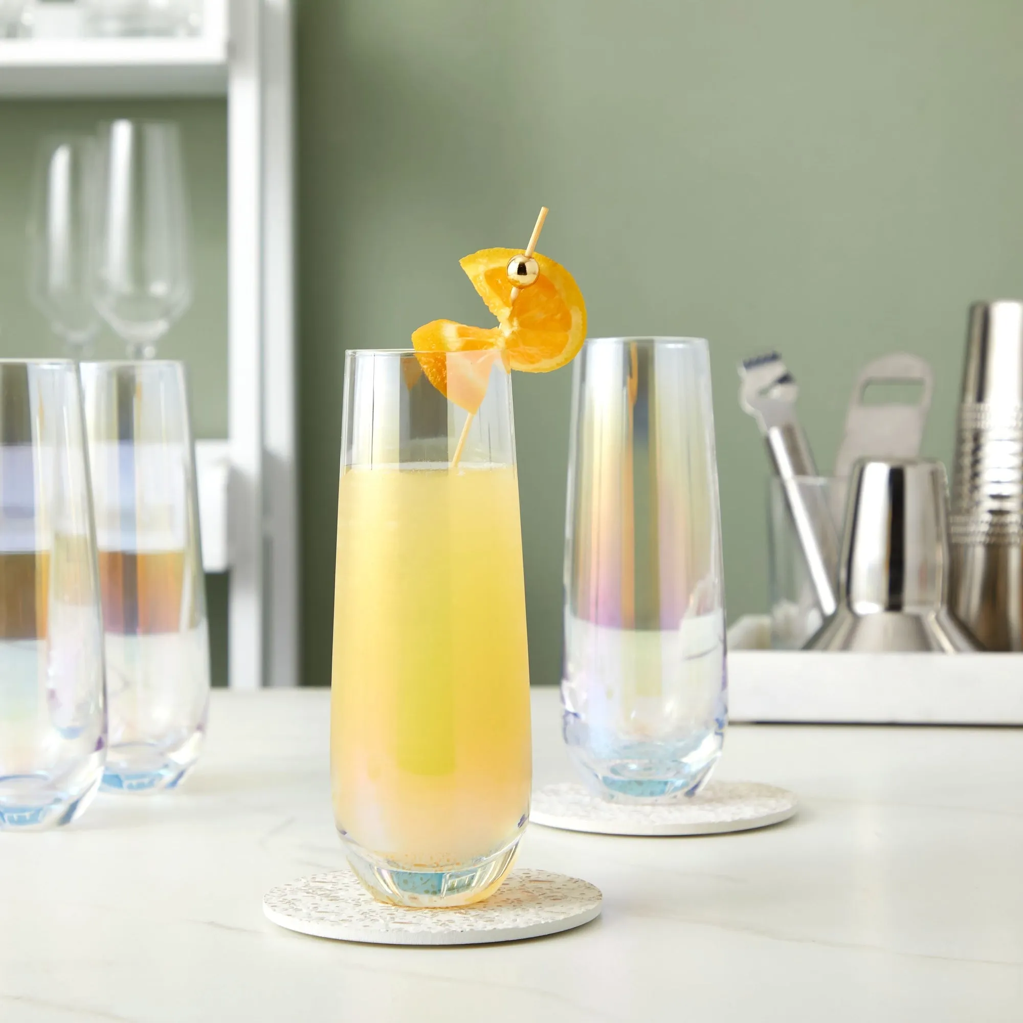 4 Pack Iridescent Champagne Flutes, Stemless Wine Glasses for Cocktails, Mimosas, Bars (10 oz)