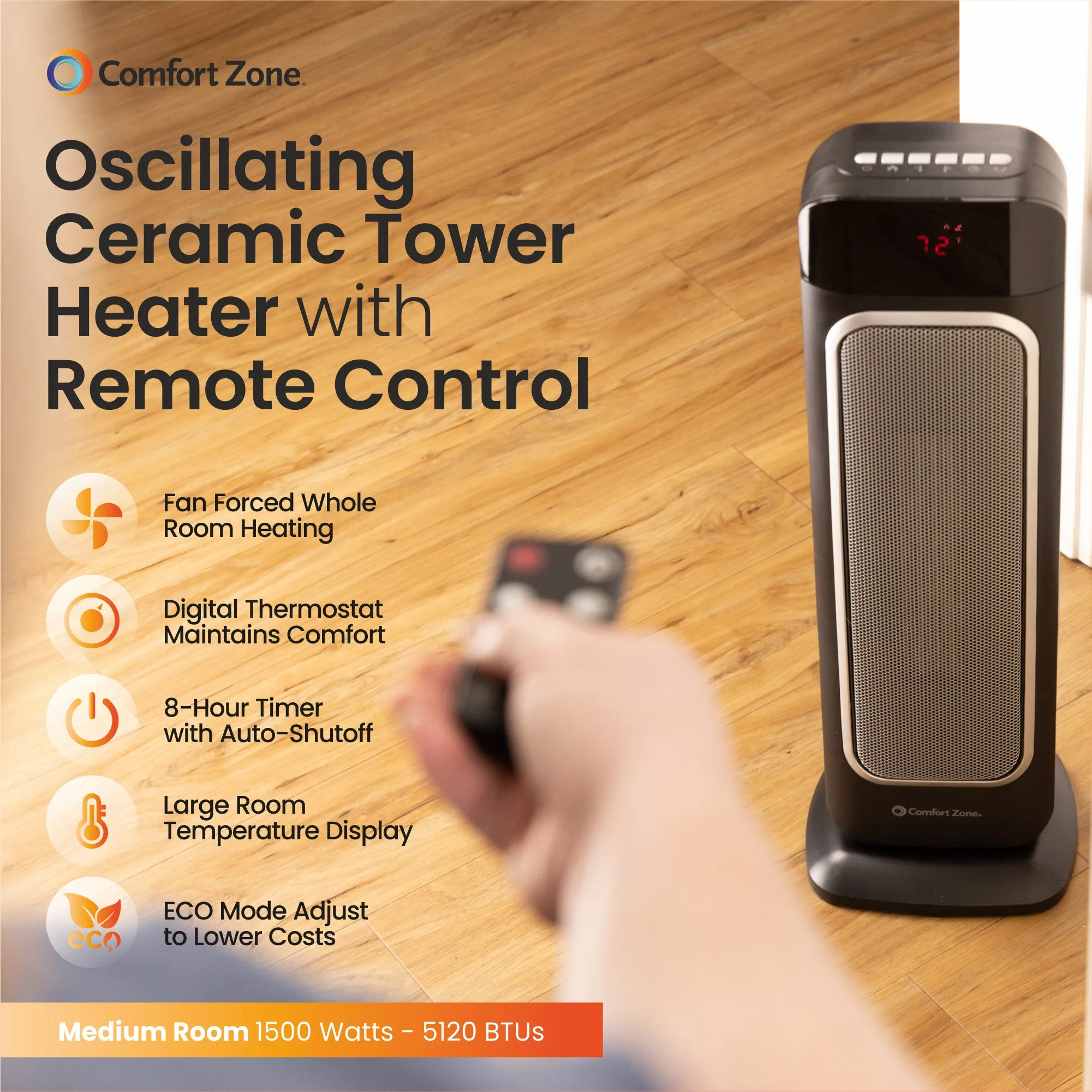 Comfort Zone Oscillating Digital Tower Heater with Remote Control in Black