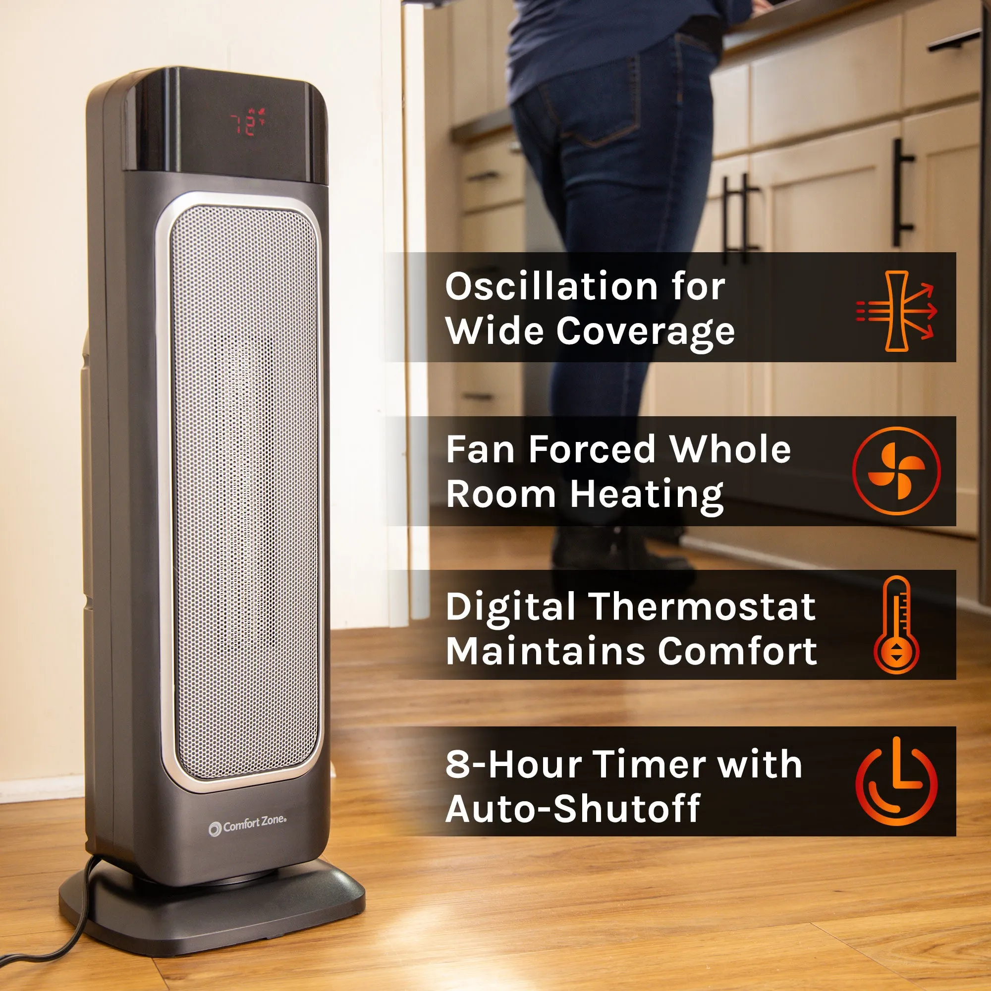 Comfort Zone Oscillating Digital Tower Heater with Remote Control in Black