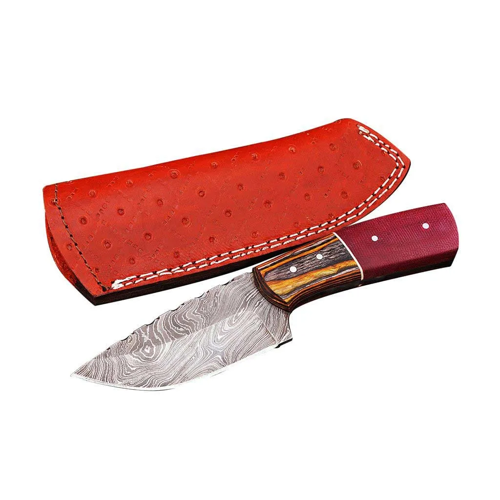 Damascus Skinner Knife with Twist Pattern And Pakka Wood Handle KSK1302RED