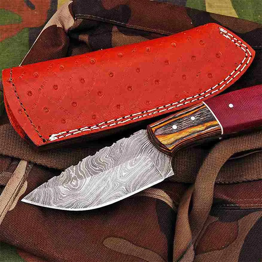 Damascus Skinner Knife with Twist Pattern And Pakka Wood Handle KSK1302RED