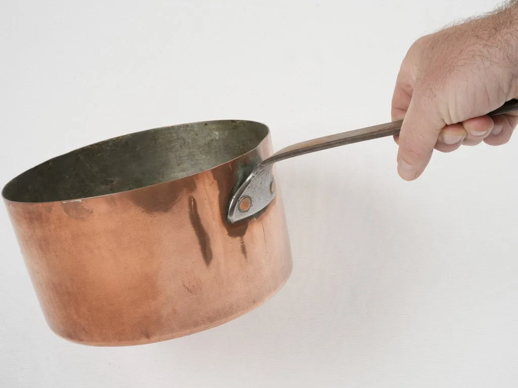 Deep 19th-century French copper saucepan w/ wrought iron handle