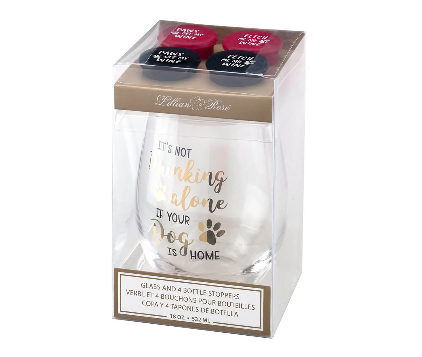 Dog Lover Wine Glass with Funny Saying and 4 Wine Bottle Stoppers