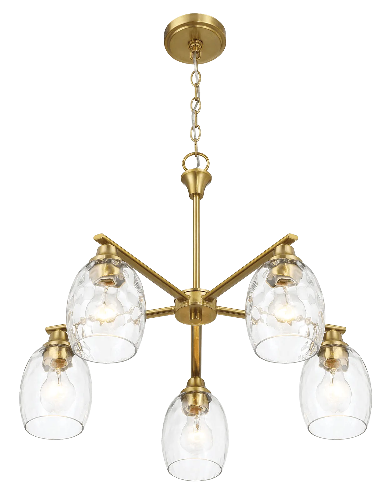 Elegance Five Lights Linear Arms with Golden Brass Finish Chain Chandelier 24"W × 8.5"H with Clear Water Glass