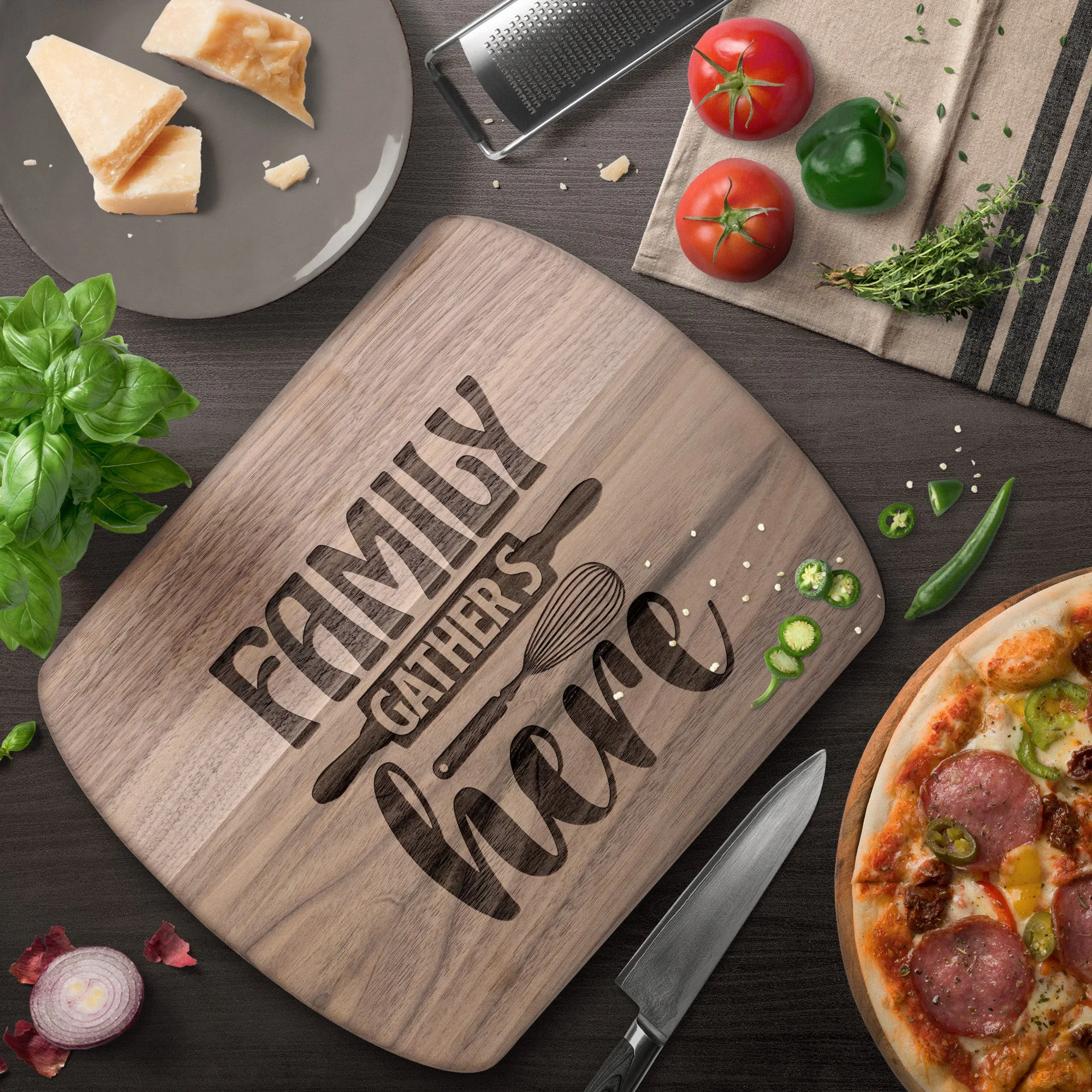 Family Gathers Here Cutting Board