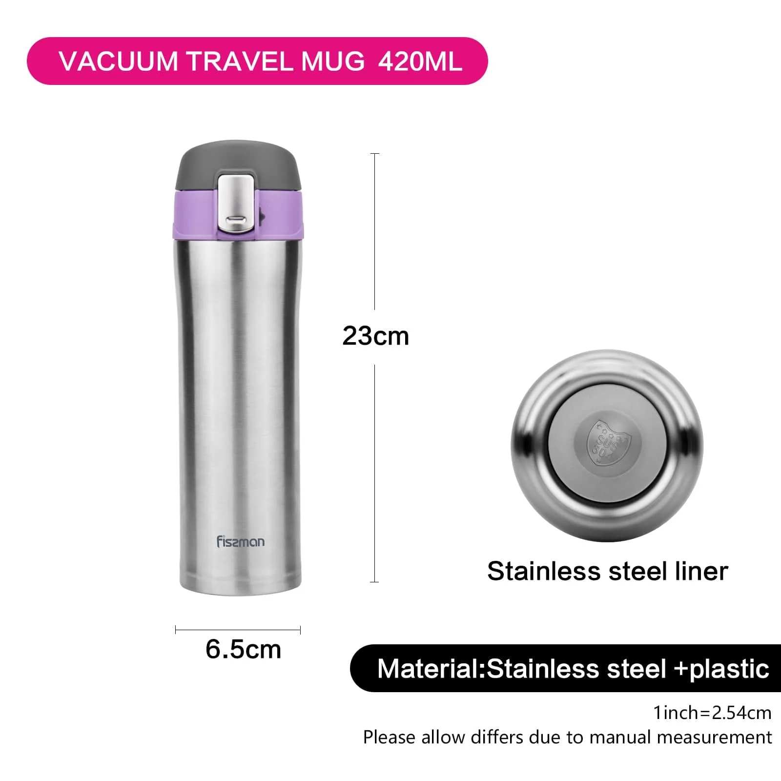 Fissman Double Wall Vacuum Water Bottle Silver/Purple/Black 420ml