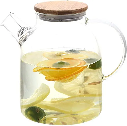 Glass Jug with Lid Ice Tea Water Jug 2 Litre Hot Water Ice Tea Drinking Beverage Jug, Water Jug Glass Material with Wooden Lid (Set of 1)