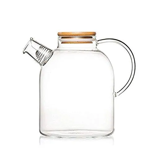 Glass Jug with Lid Ice Tea Water Jug 2 Litre Hot Water Ice Tea Drinking Beverage Jug, Water Jug Glass Material with Wooden Lid (Set of 1)