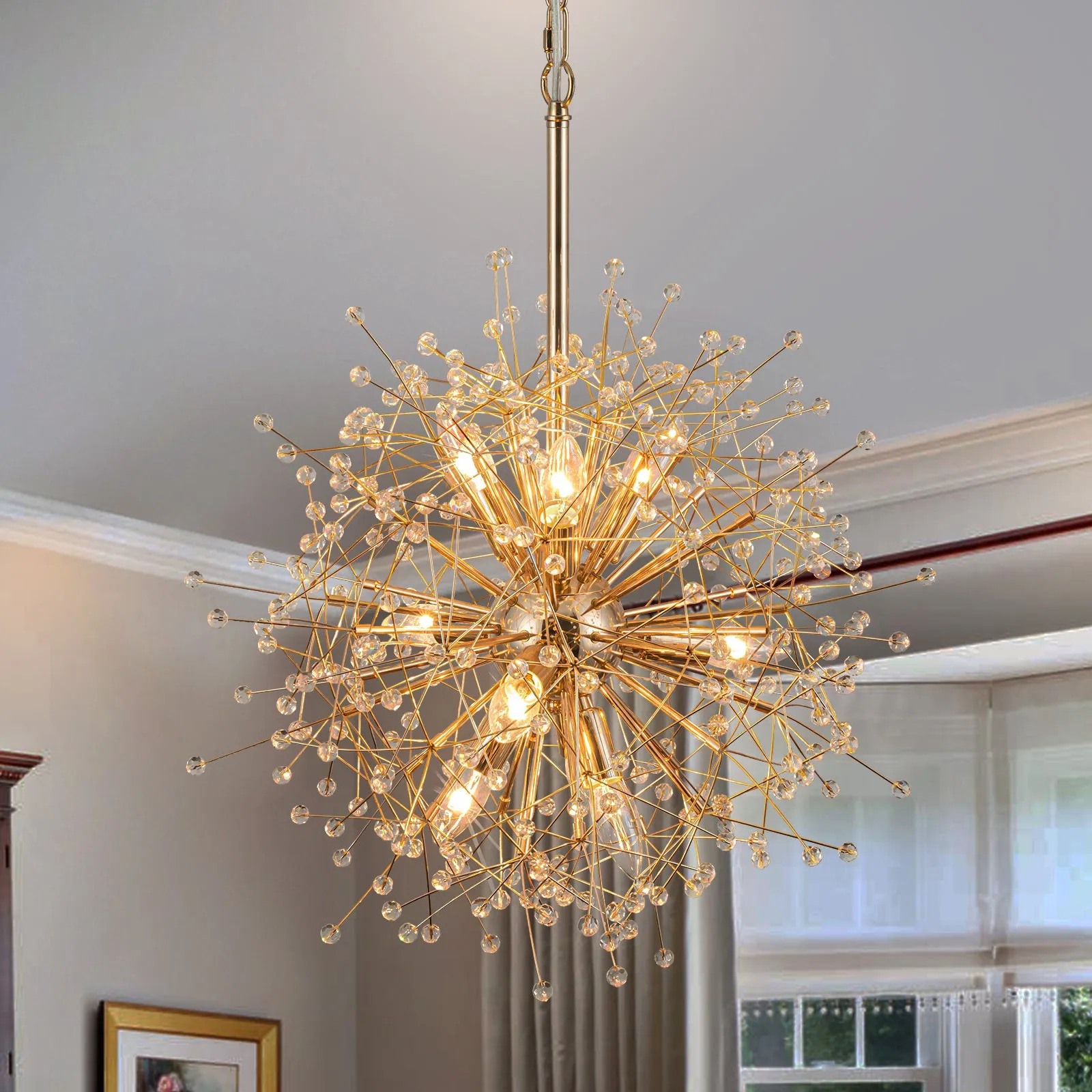 Glowlings 9-Light French Dandelion Shape Gold Crystal Sputnik Sphere Chandelier