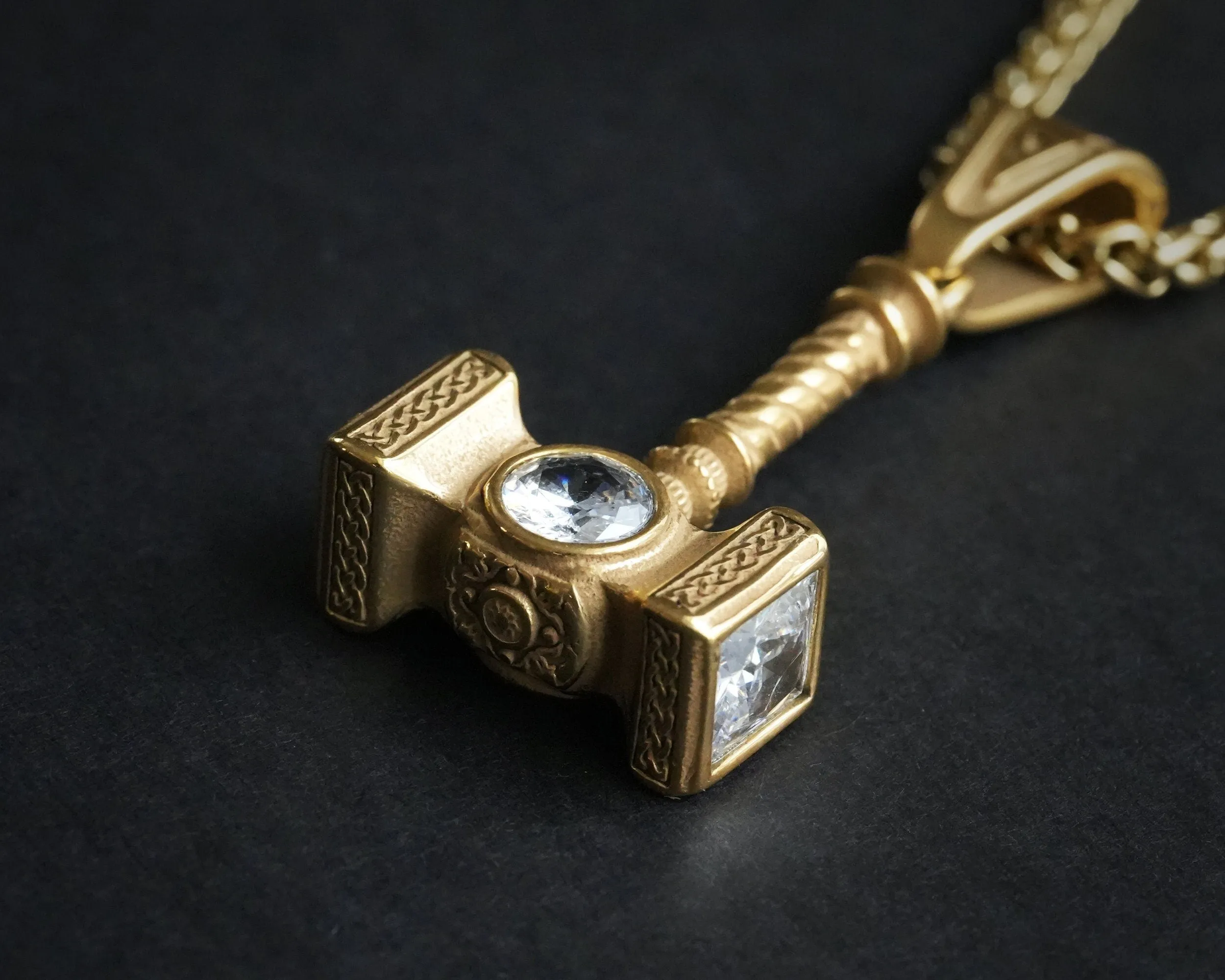 Handmade Viking Thor Hammer with Gemstone Crystals Necklace Pendant For Men and Women With Strong 22 Inches Long Chain, Golden / Silver