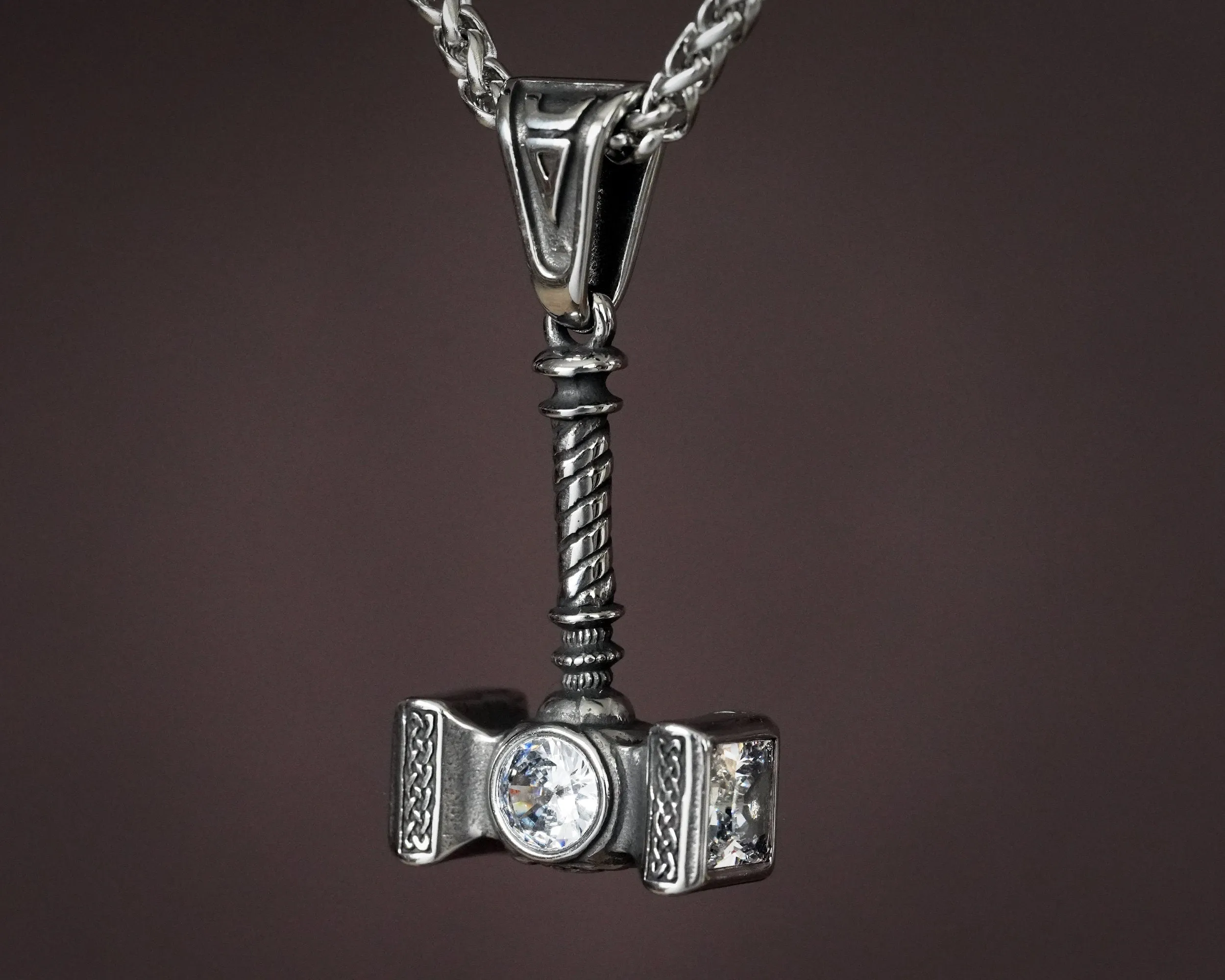 Handmade Viking Thor Hammer with Gemstone Crystals Necklace Pendant For Men and Women With Strong 22 Inches Long Chain, Golden / Silver