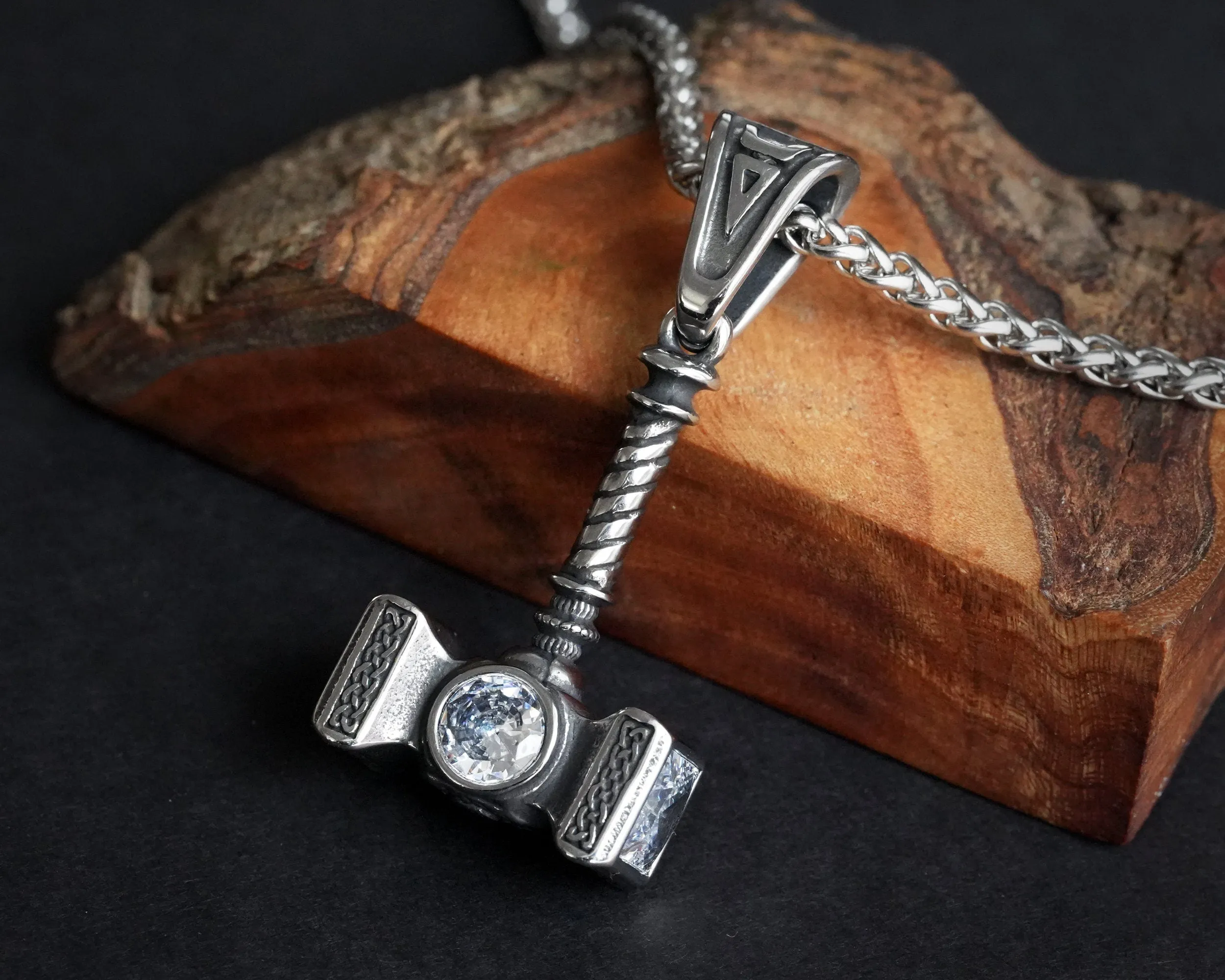 Handmade Viking Thor Hammer with Gemstone Crystals Necklace Pendant For Men and Women With Strong 22 Inches Long Chain, Golden / Silver