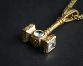 Handmade Viking Thor Hammer with Gemstone Crystals Necklace Pendant For Men and Women With Strong 22 Inches Long Chain, Golden / Silver