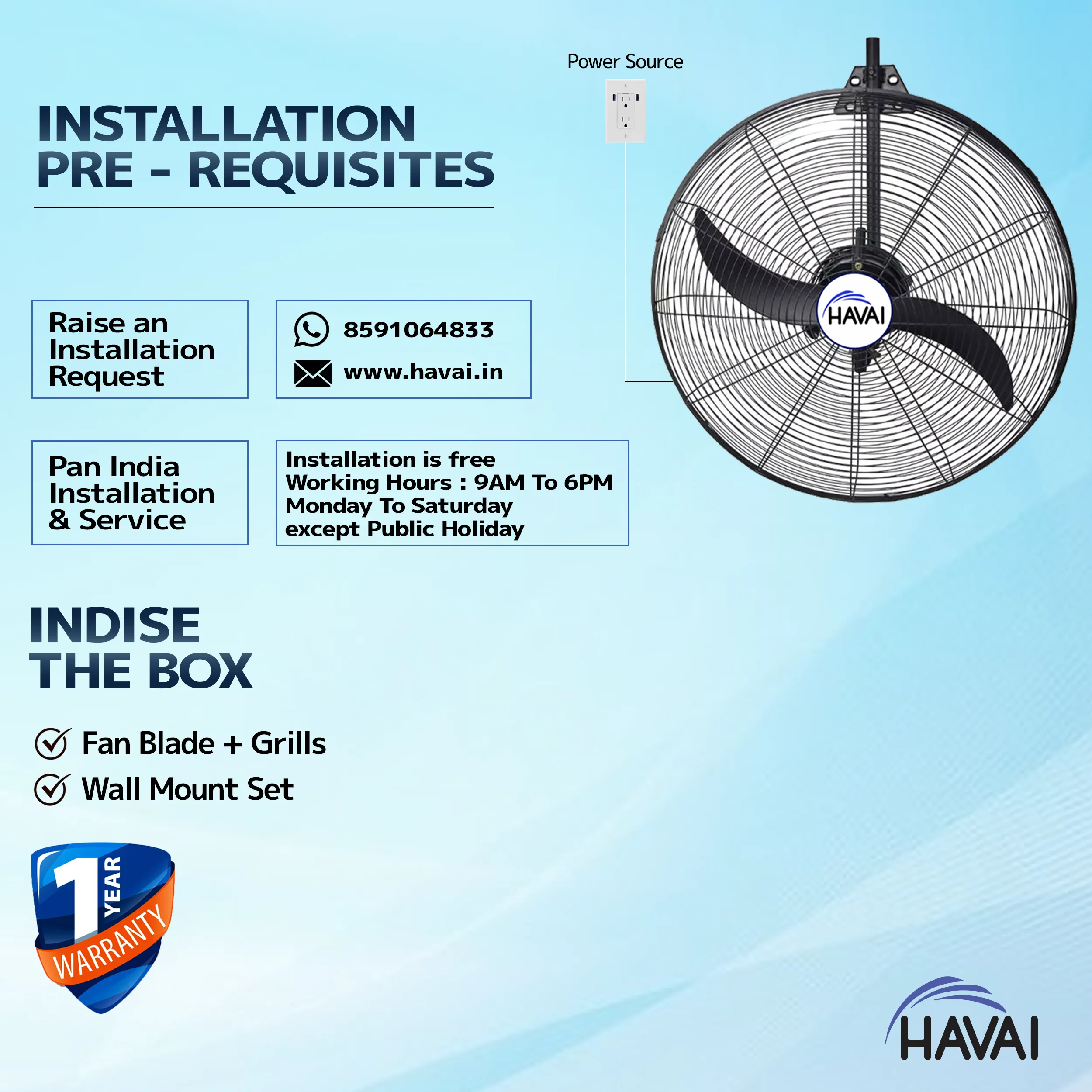 HAVAI BLDC Wall Mount Fan 26 inch, 50% Savings on Electricity, High Velocity, Heavy Duty Metal for Industrial, Commercial and Residential Use, Assembly Included