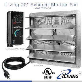 ILG8SF20V-ST - iLIVING 20" Wall Mounted Shutter Exhaust Fan, Automatic Shutter, with Thermostat and Variable Speed controller, 2.2A, 3368 CFM, 5000 SQF Coverage Area, Silver