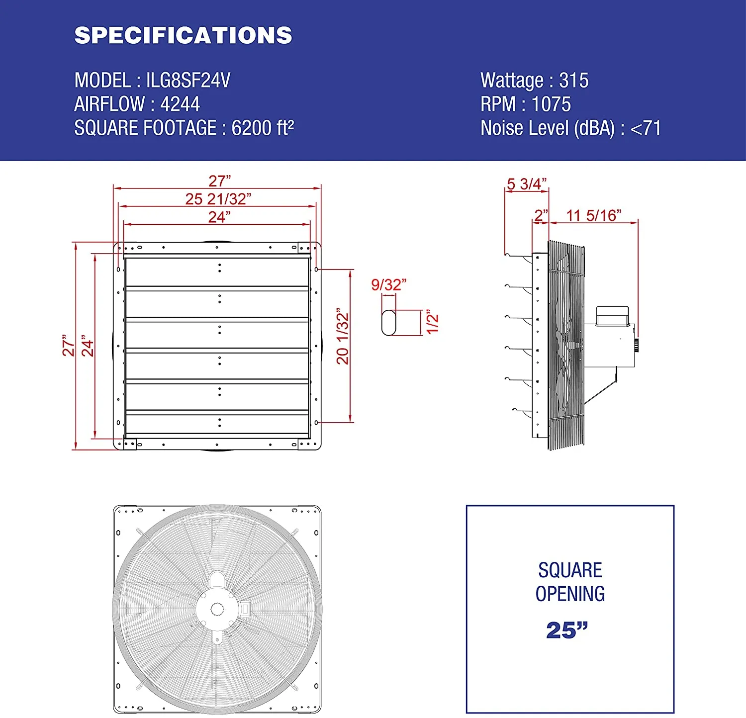 ILG8SF24V - iLIVING 24 Inch Variable Speed Shutter Exhaust Fan, Wall-Mounted