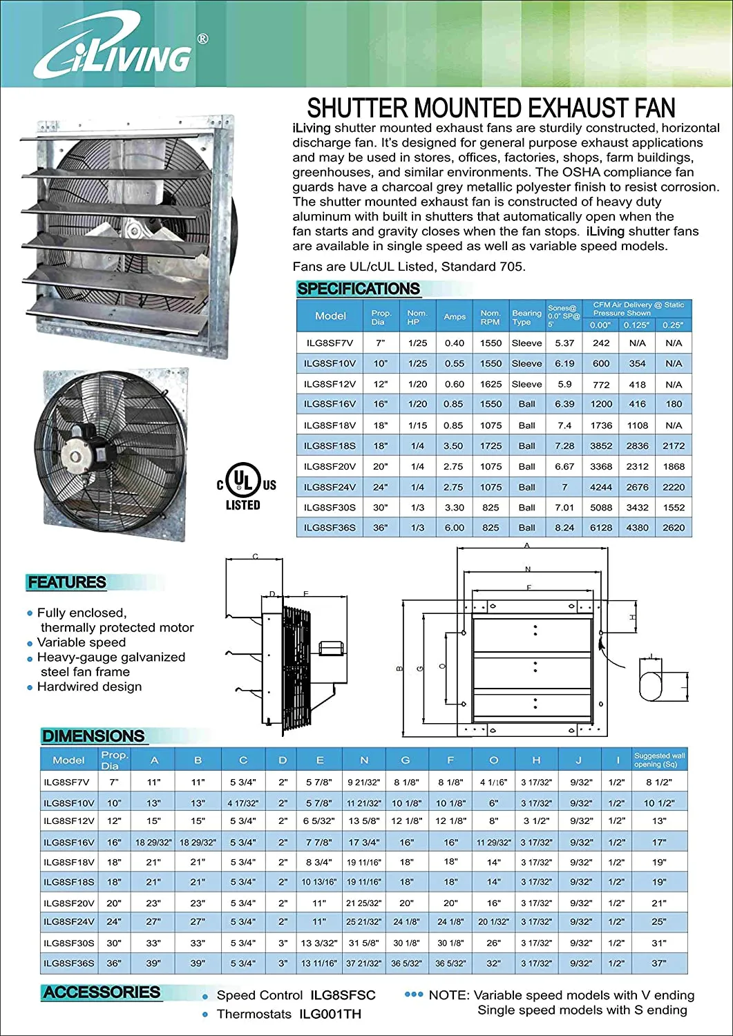 ILG8SF24V - iLIVING 24 Inch Variable Speed Shutter Exhaust Fan, Wall-Mounted