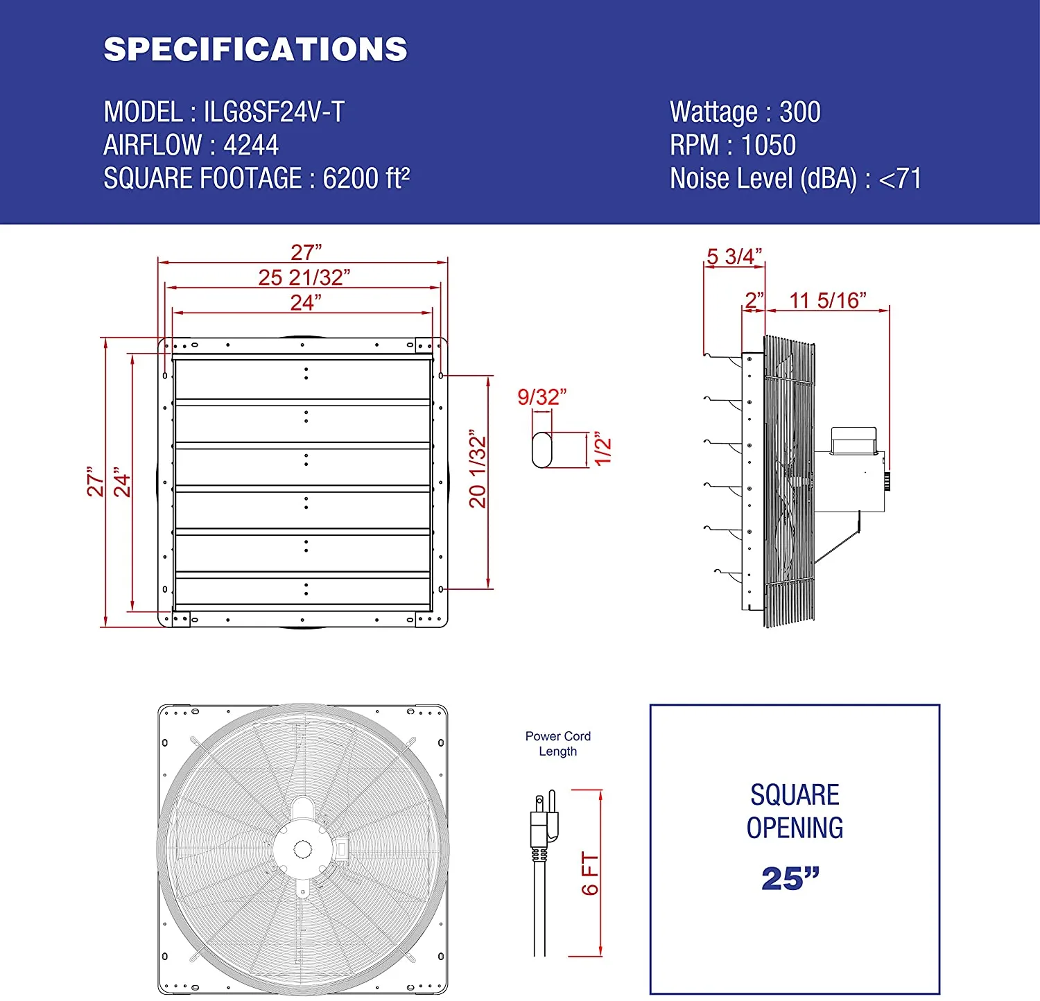 ILG8SF24V-T - iLiving 24 inch Shutter Exhaust Attic Garage Grow Fan, Ventilation fan with 2 Speed Thermostat 6 Foot Long 3 Plugs Cord