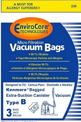 Kenmore type B 85003 Premium Micro-Filtration Vacuum Bags (3 pack) Part # 226