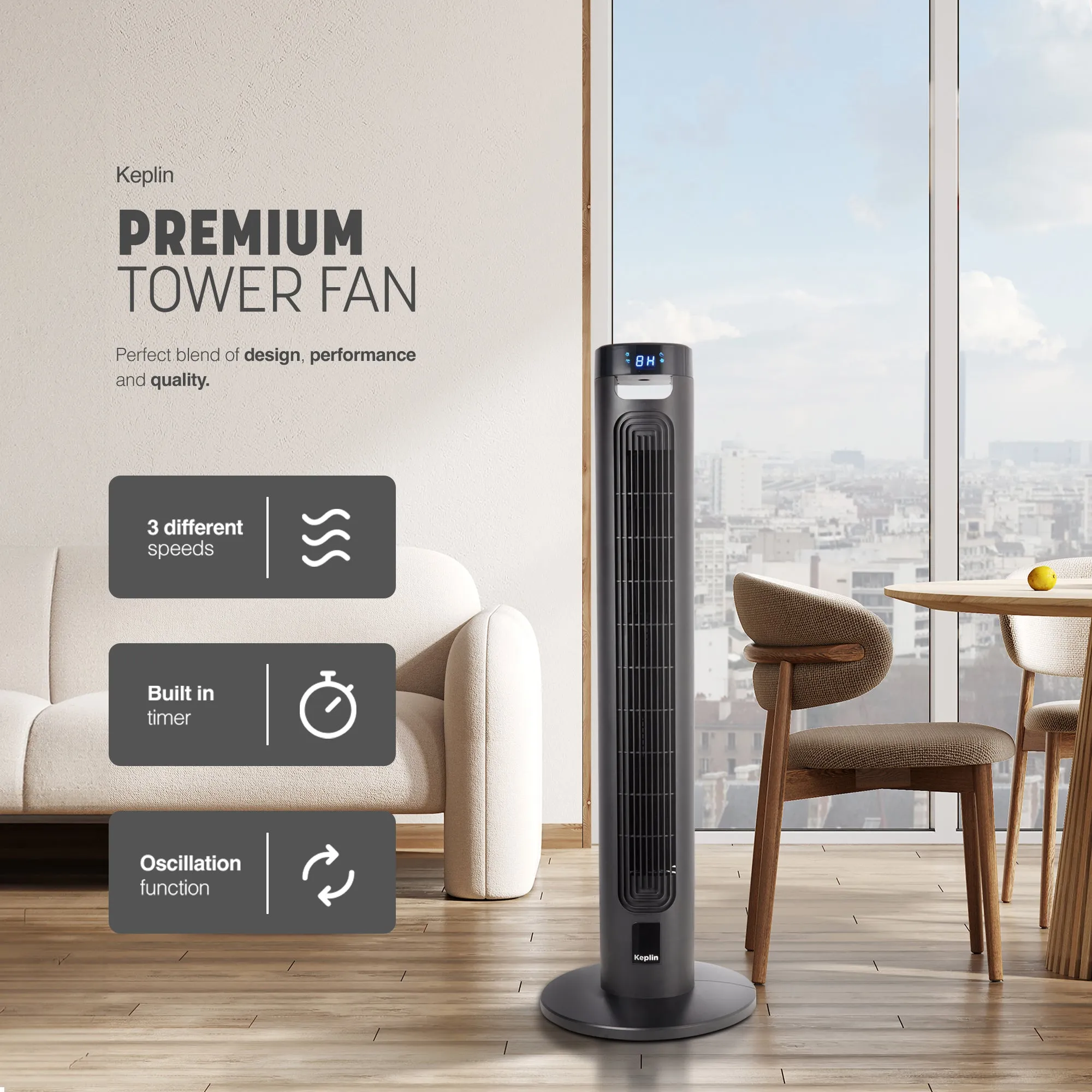 Keplin 36-inch Tall Tower Fan with Remote Control - 3 Speed Setting with LED Display