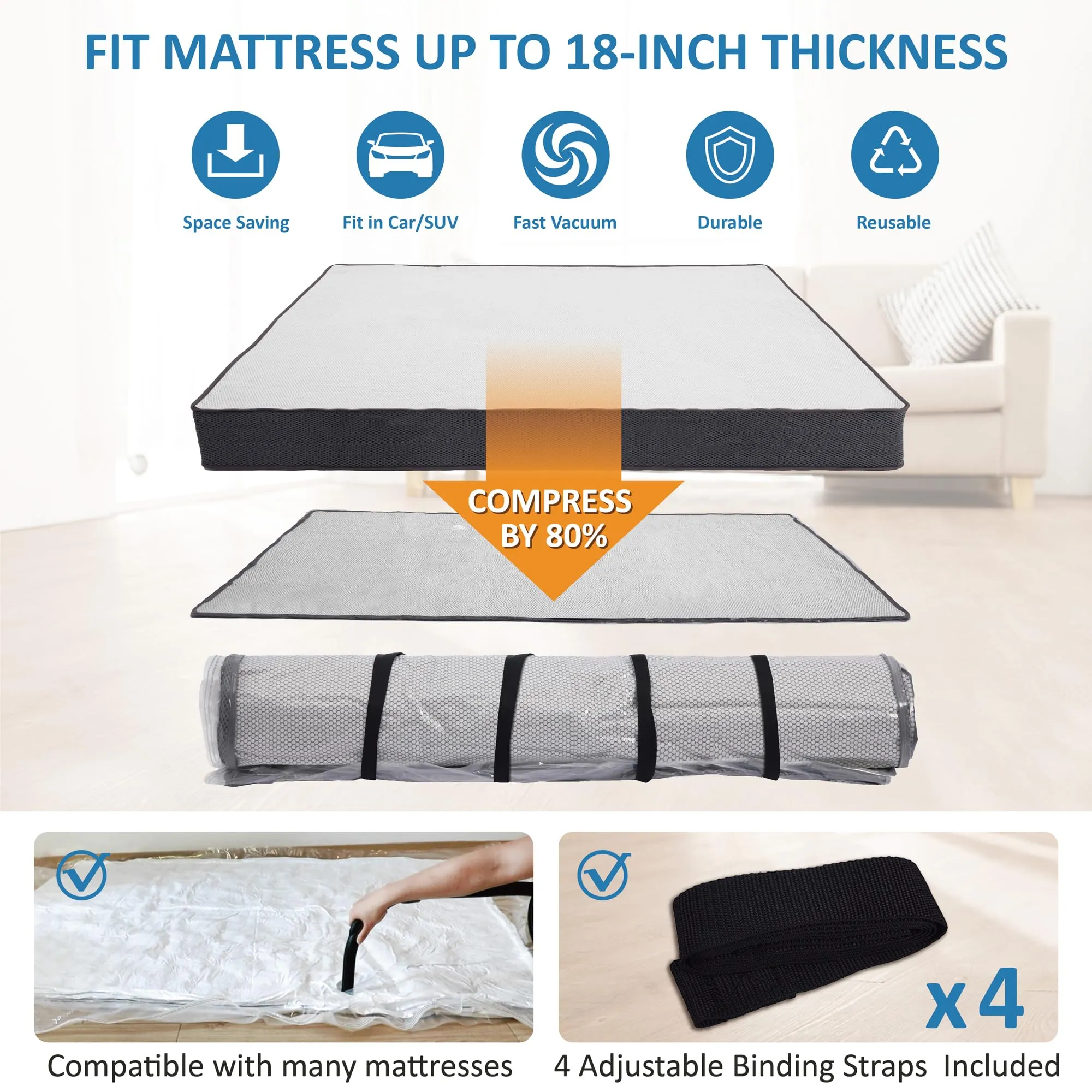 King/Cal-King Foam Mattress Vacuum Bag for Moving, Storage, Vacuum Seal Mattress Bag with Straps