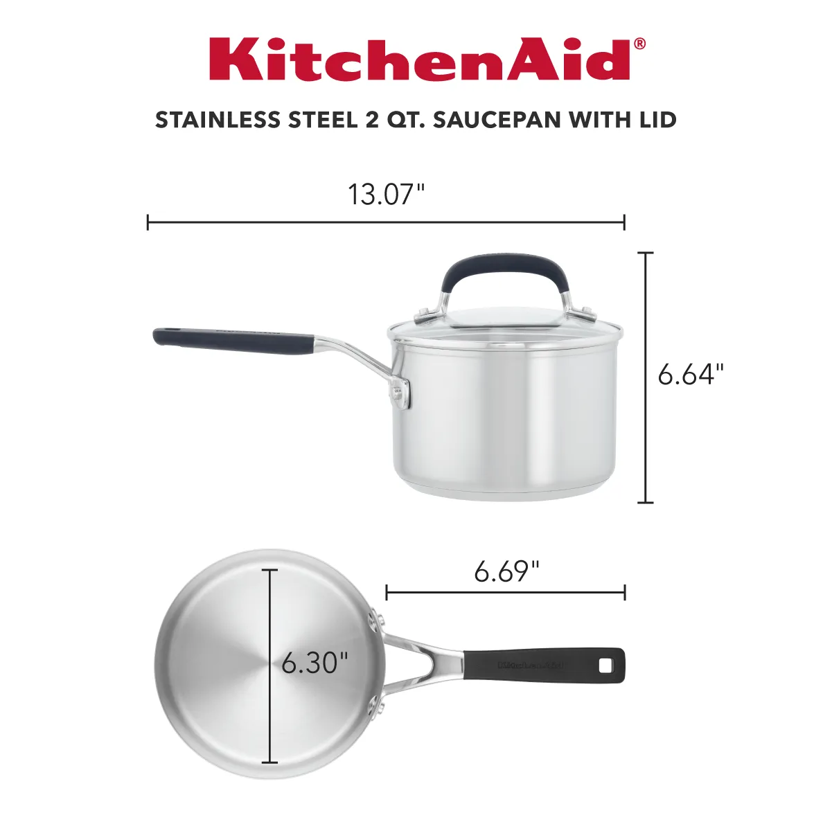 KitchenAid Stainless Steel Saucepan with Measuring Marks and Lid, 2-Quart, Brushed Stainless Steel