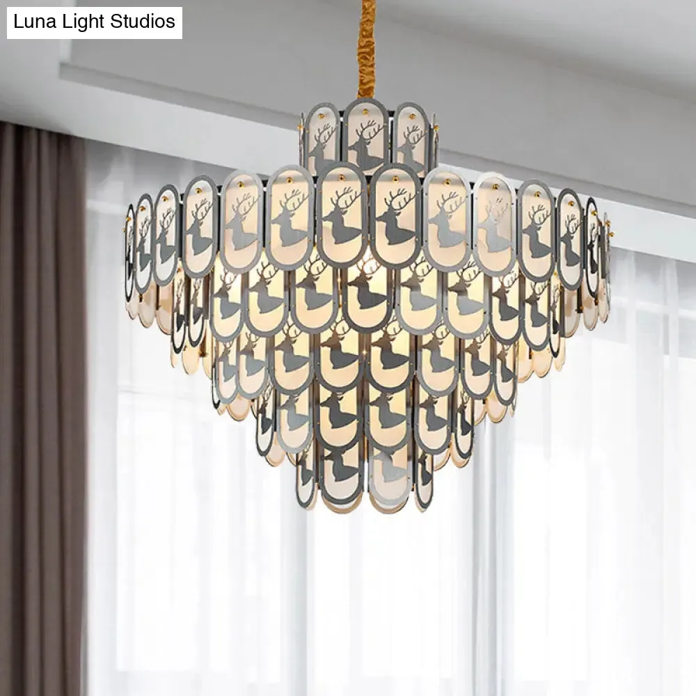 Modern Crystal Tiered Chandelier Pendant Light with Elk Pattern - 12/16 Lights, Nickel Finish