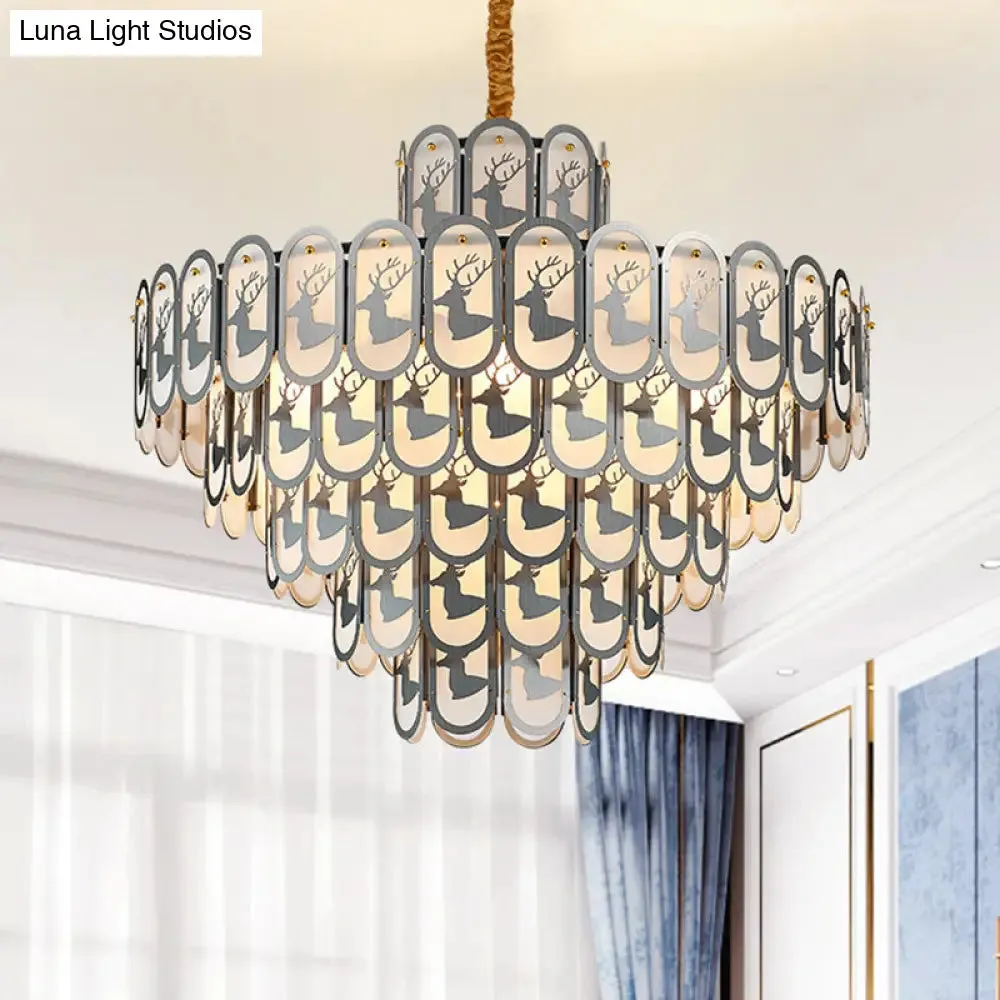 Modern Crystal Tiered Chandelier Pendant Light with Elk Pattern - 12/16 Lights, Nickel Finish