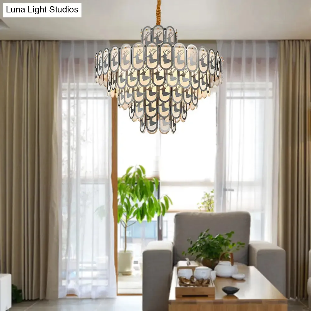 Modern Crystal Tiered Chandelier Pendant Light with Elk Pattern - 12/16 Lights, Nickel Finish