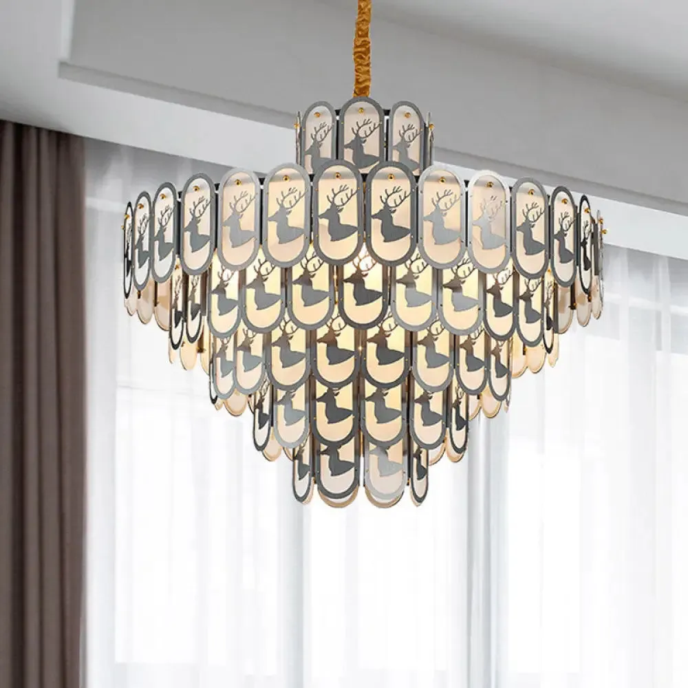 Modern Crystal Tiered Chandelier Pendant Light with Elk Pattern - 12/16 Lights, Nickel Finish