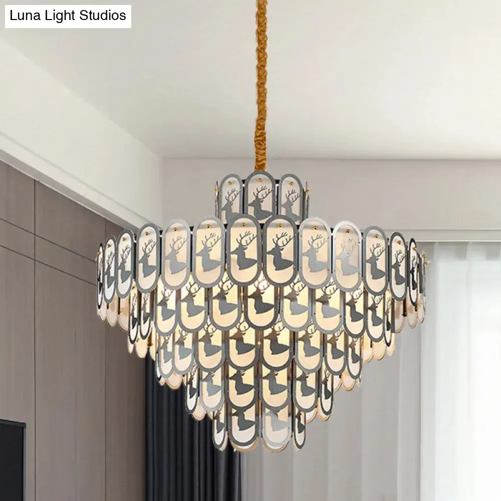 Modern Crystal Tiered Chandelier Pendant Light with Elk Pattern - 12/16 Lights, Nickel Finish