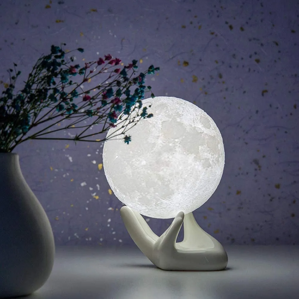 Moon Lamp, 3.5 Inch 3D Printing Lunar Lamp Night Light with White Hand Stand as Kids Women Girls Boy Birthday Gift, USB Charging Touch Control Brightness Two Tone Warm Cool White