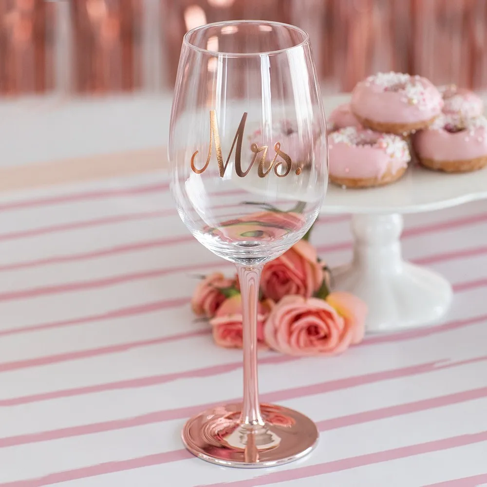 Mrs. Metallic Rose Gold Stemmed 18 Oz. Wine Glass