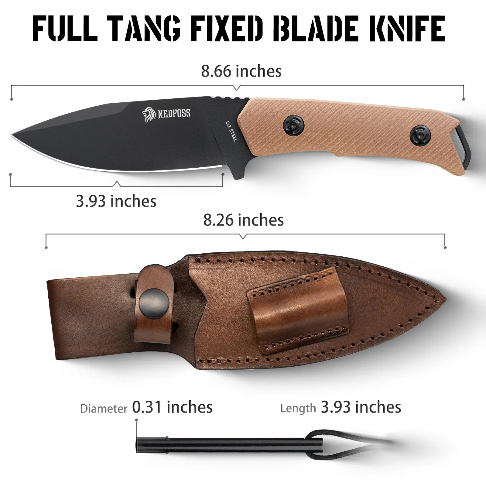 Nedfoss Boar Fixed Blade Knfie, 3.93" D2 Steel Full Tang Blade Bushcraft Survival Knife with  G10 Handle