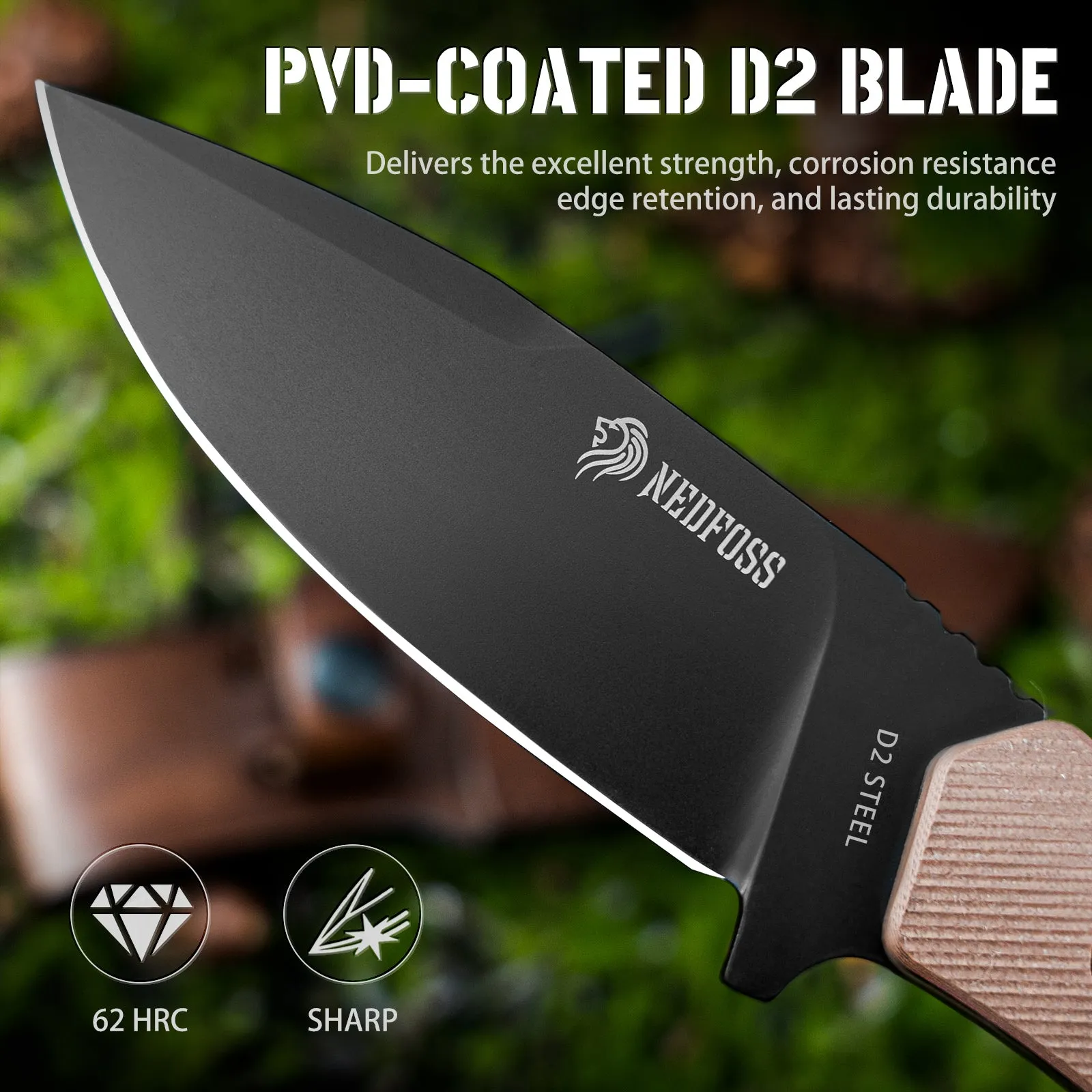 Nedfoss Boar Fixed Blade Knfie, 3.93" D2 Steel Full Tang Blade Bushcraft Survival Knife with  G10 Handle