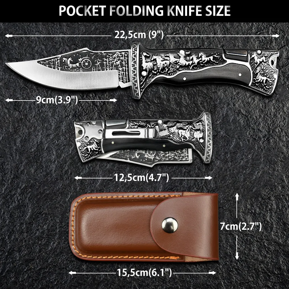 Nedfoss Horse Pocket Folding Knife, 3.9"440C Blade and Engraved Handle