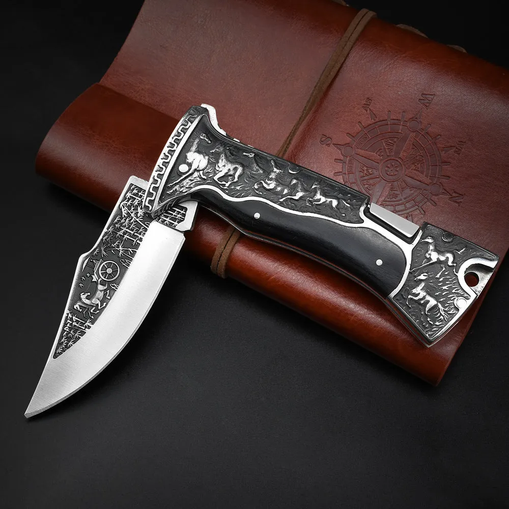 Nedfoss Horse Pocket Folding Knife, 3.9"440C Blade and Engraved Handle