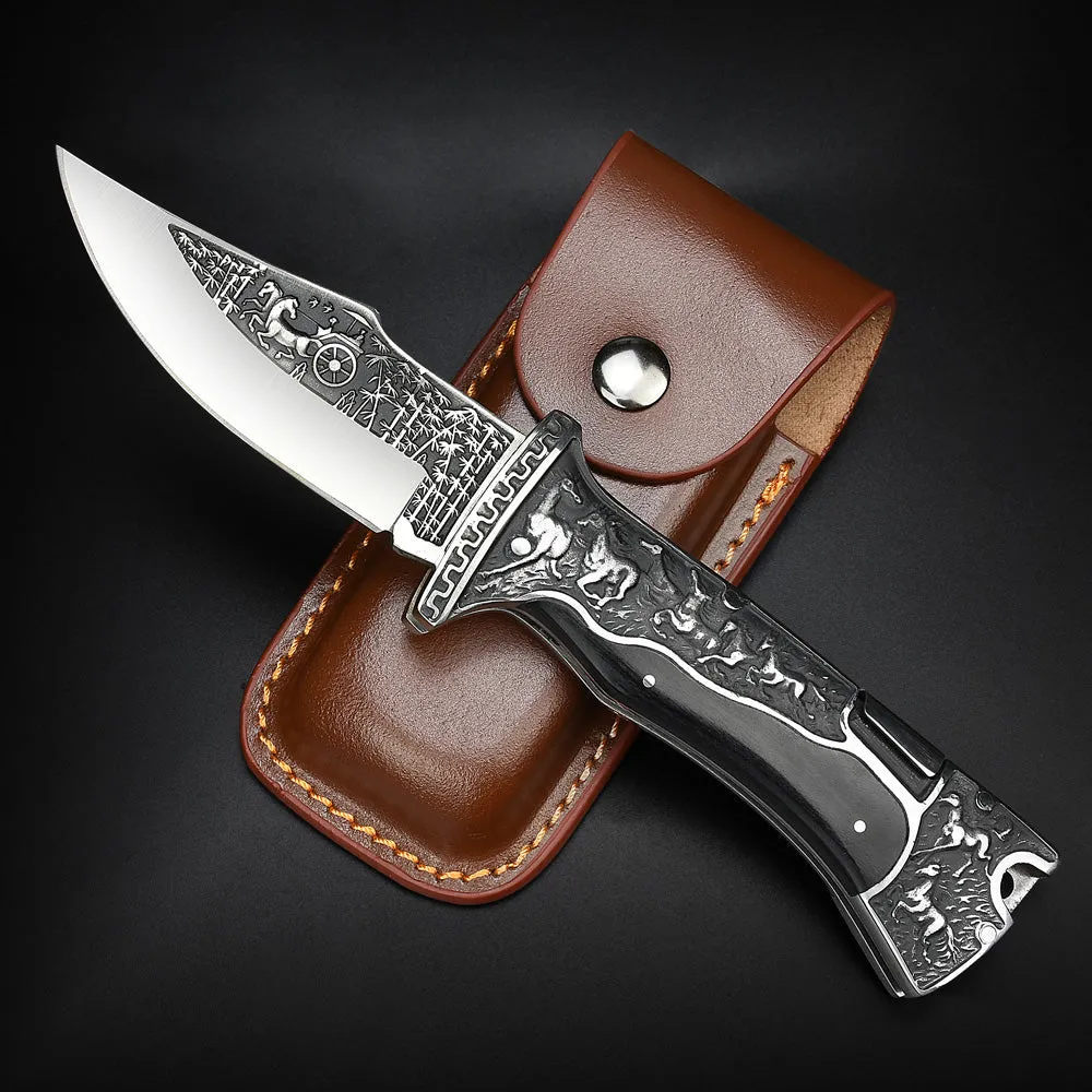 Nedfoss Horse Pocket Folding Knife, 3.9"440C Blade and Engraved Handle