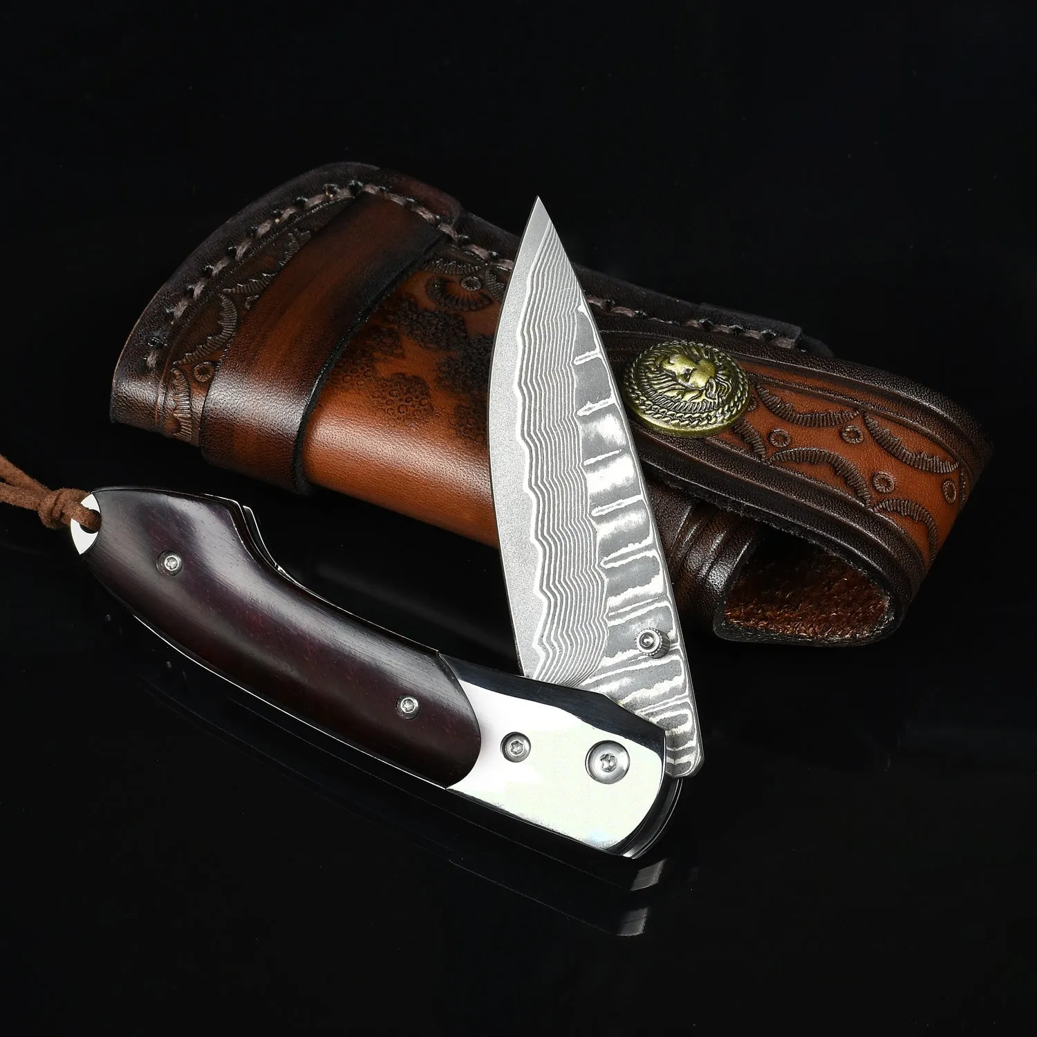 Nedfoss Swordfish Damascus Pocket Knife, 2.8"VG10 Damascus Steel Blade and Sandalwood Handle