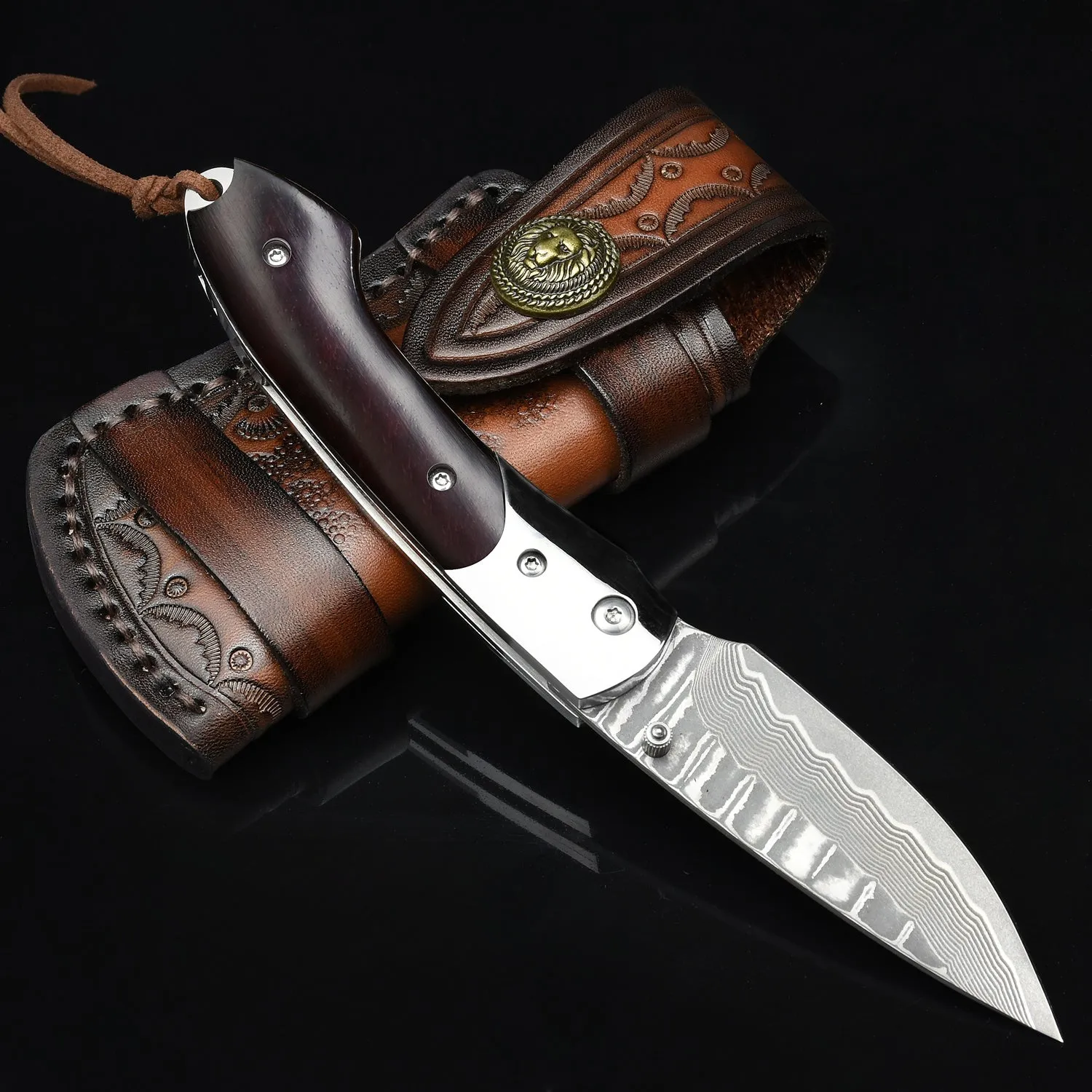 Nedfoss Swordfish Damascus Pocket Knife, 2.8"VG10 Damascus Steel Blade and Sandalwood Handle