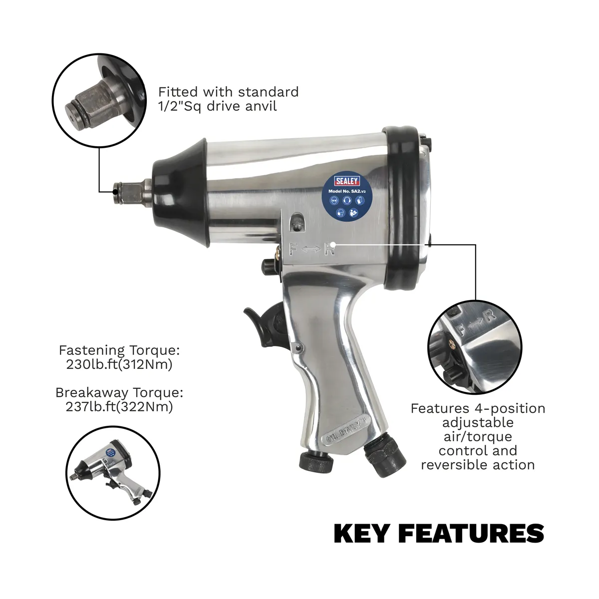 Sealey Air Impact Wrench 1/2" Square Drive SA2