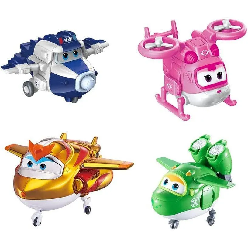 Super Wings 2" Transform-a-Bot 4-Pack, Supercharged Paul, Dizzy, Golden Boy, Mira, Airplane Toys Mini  Figures