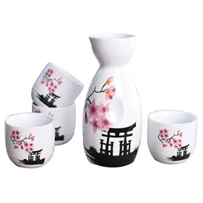 Tosnail 5 Pieces Ceramic Japanese Sake Set, 1 Serving Carafe and 4 Cups - Pink Sakura