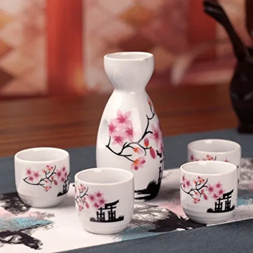 Tosnail 5 Pieces Ceramic Japanese Sake Set, 1 Serving Carafe and 4 Cups - Pink Sakura